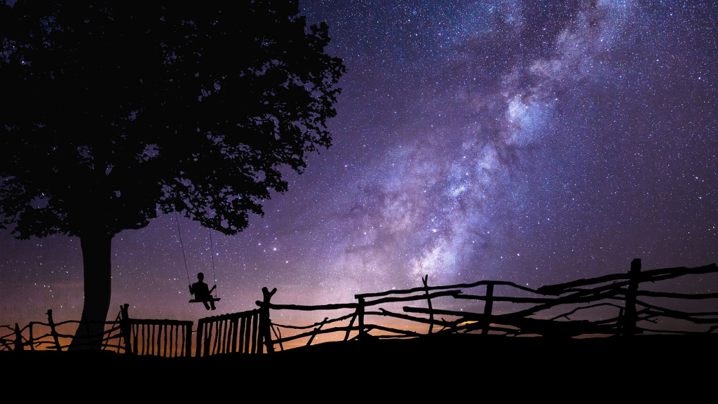 Un chico en un columpio que pende de un árbol durante una noche estrellada